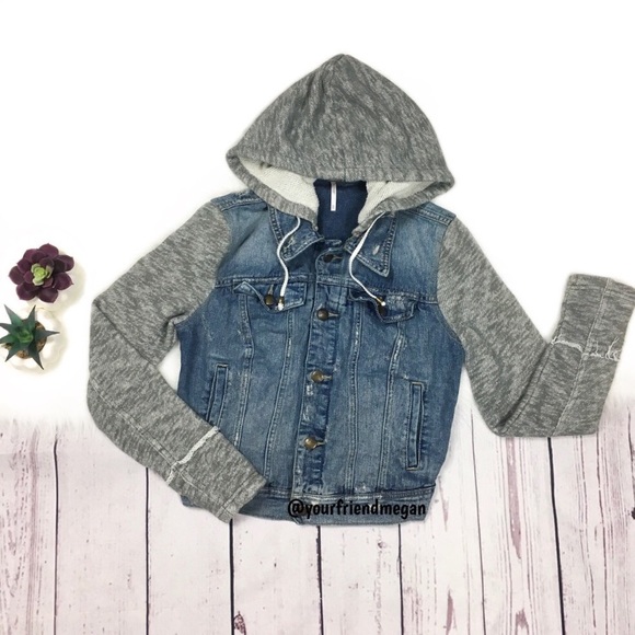 Free People Jackets & Blazers - Free People Distressed Denim Knit Hoodie Jacket